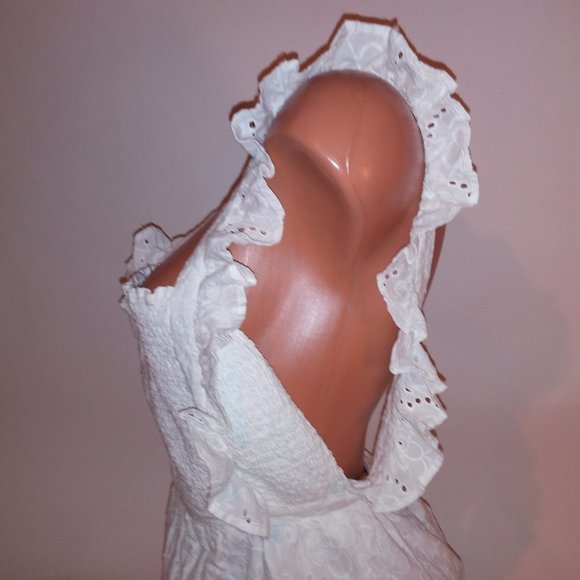 Lulus Dress XS White Eyelet Ruffle Zip Up Smocked Front Adjustable Straps Length - Picture 9 of 13